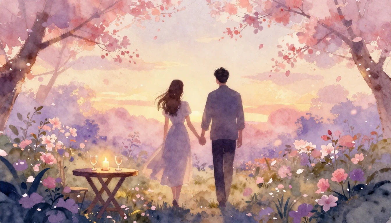 A dreamy watercolor painting of two silhouettes walking hand...