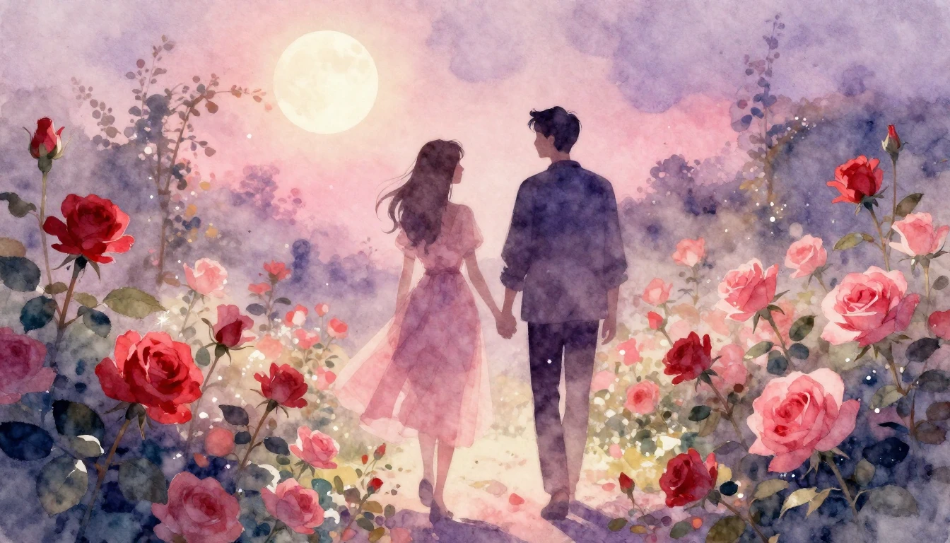 A dreamy watercolor illustration of two silhouettes walking ...