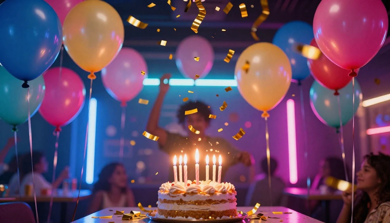 A vibrant and festive birthday party atmosphere, colorful ba...