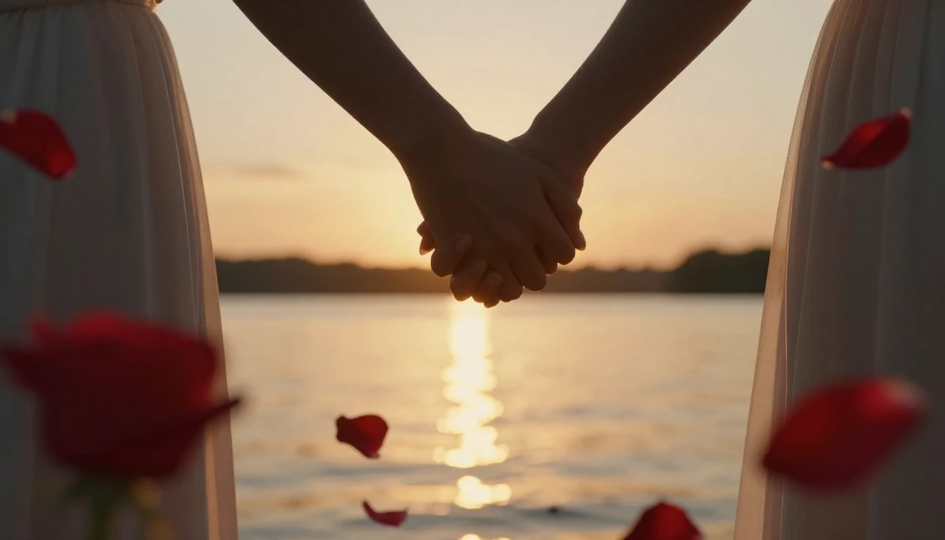 A romantic cinematic close-up scene of a couple holding hand...