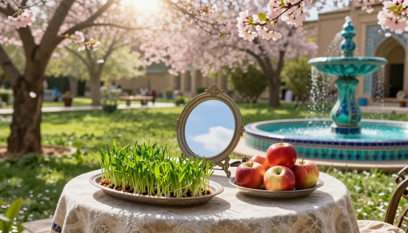 A lush Persian garden during the spring equinox. In the cent...