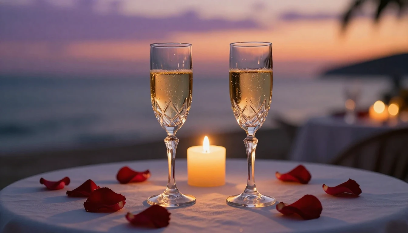 A romantic and intimate dinner setting at sunset. Two elegan...