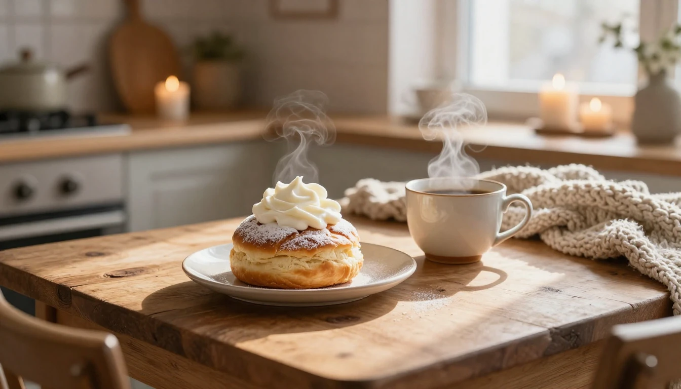 A cozy Swedish kitchen scene during winter. On a rustic wood...