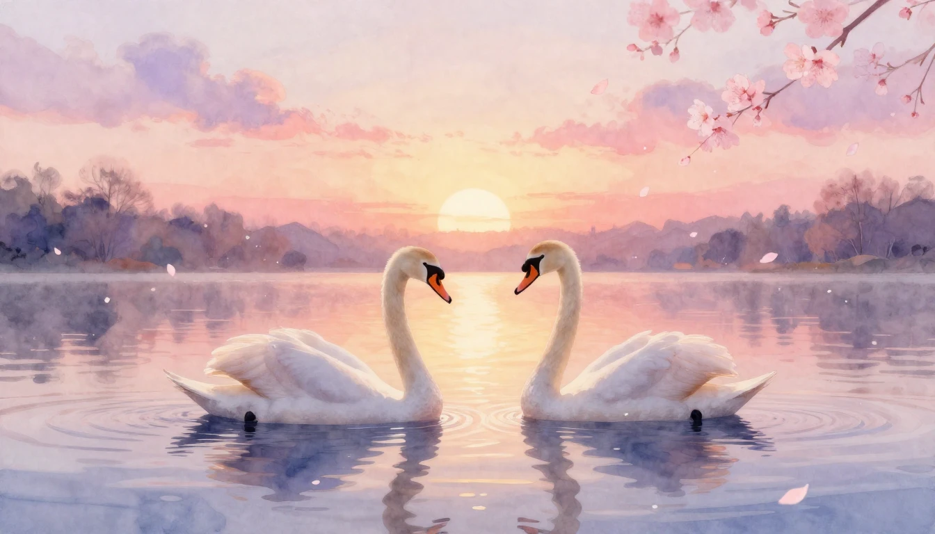 A dreamy watercolor painting of two elegant swans gliding on...
