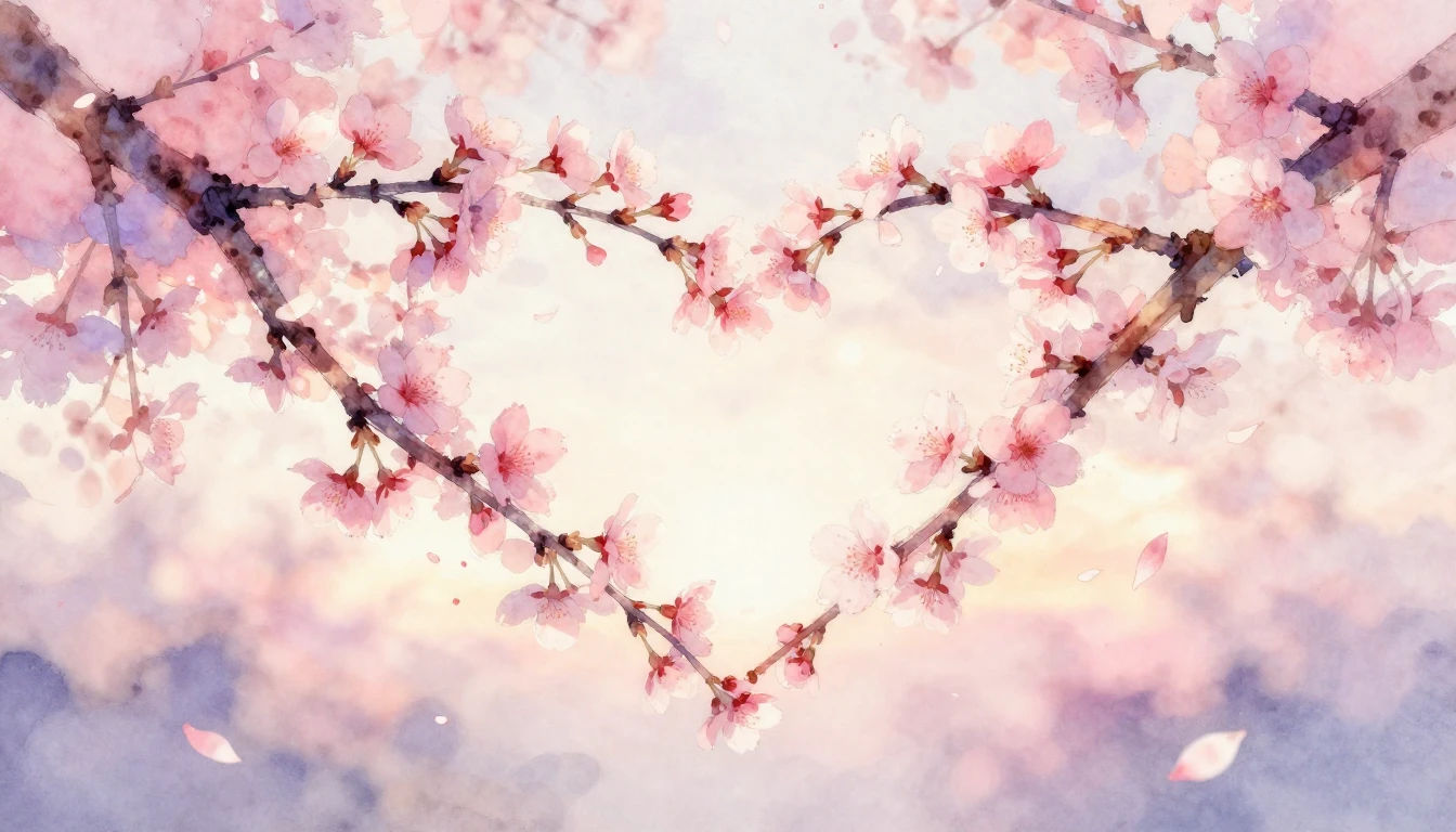 A delicate watercolor painting of two intertwined cherry blo...