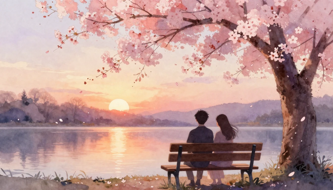 A dreamy watercolor painting of two silhouettes sitting clos...