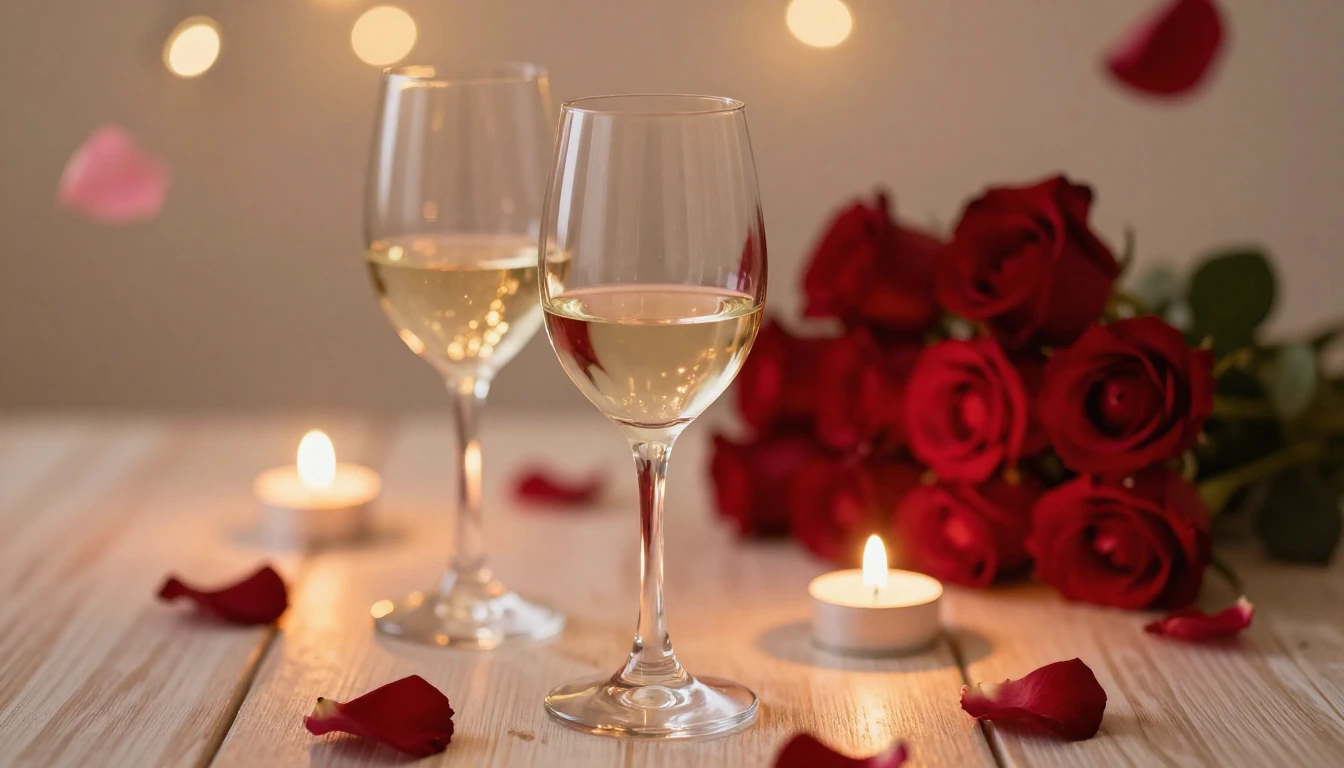 A romantic and dreamy scene featuring two elegant wine glass...