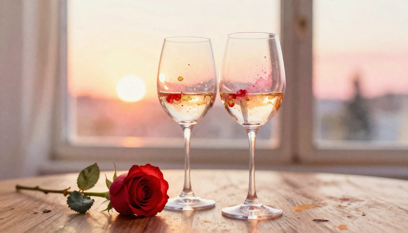 A soft watercolor painting of two elegant wine glasses stand...