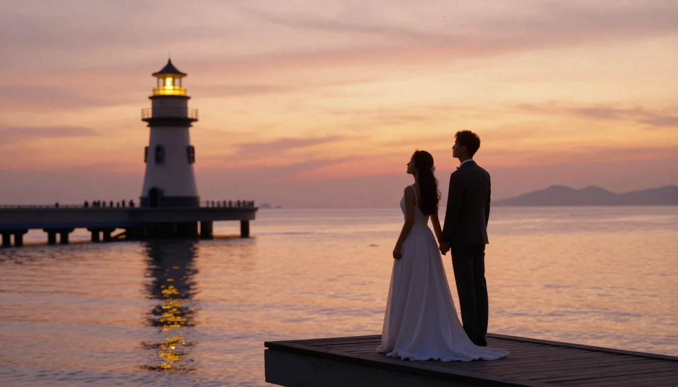 A romantic and atmospheric image of a newlywed couple standi...