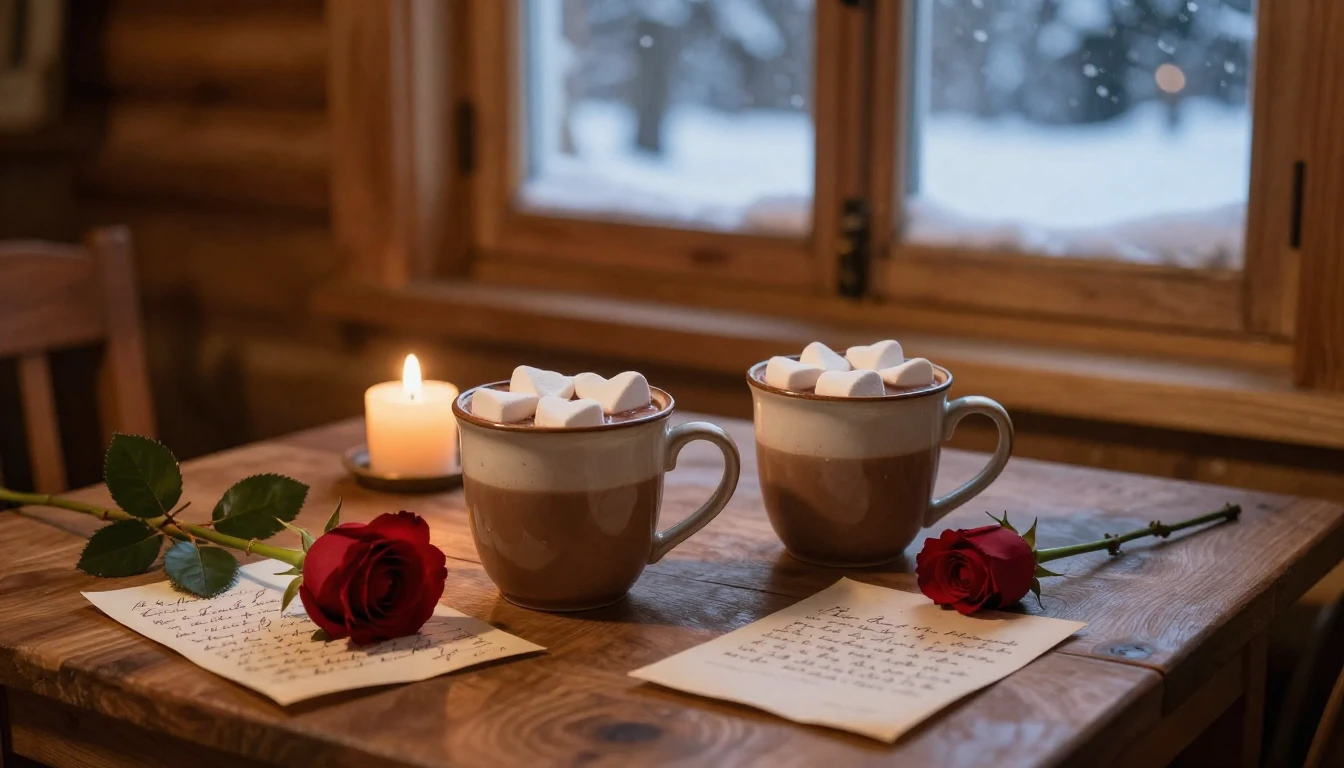 A cozy, romantic close-up scene inside a warm wooden cabin. ...