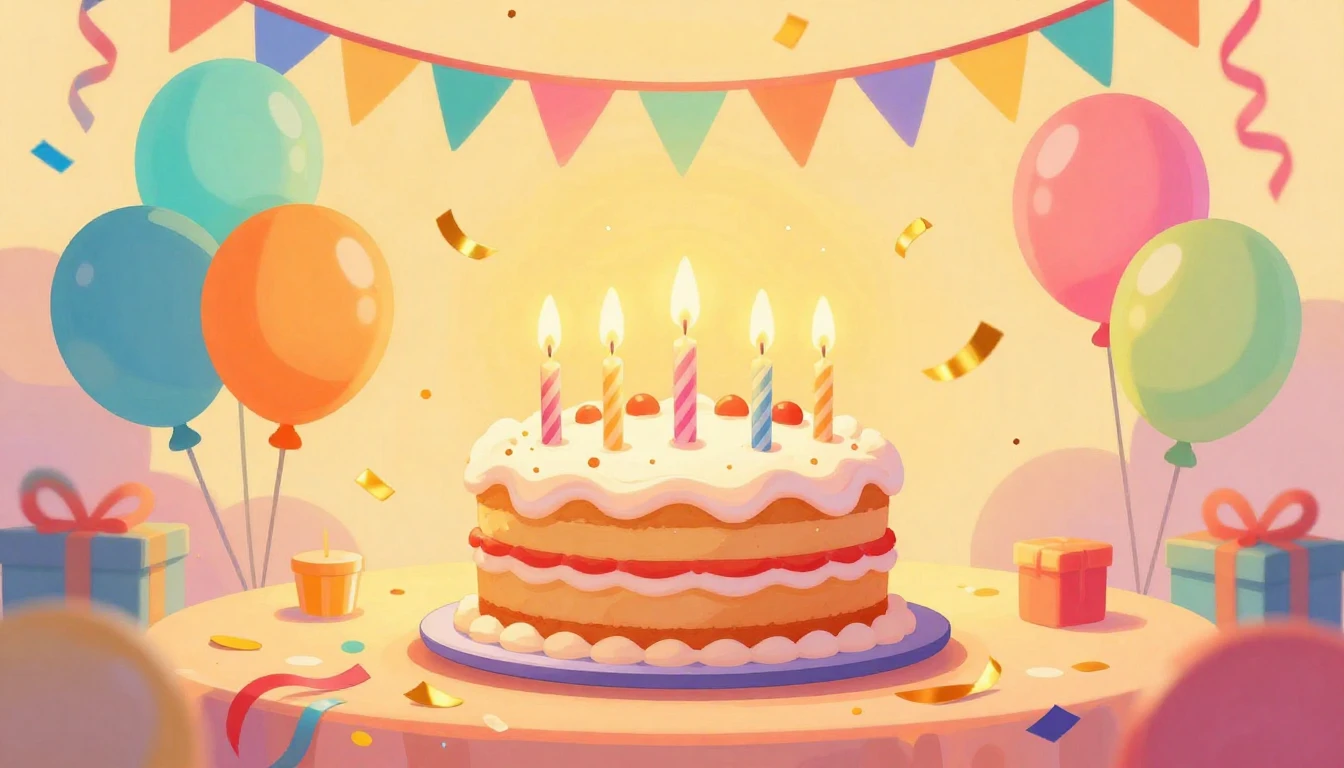 A vibrant and joyful digital art illustration of a birthday ...