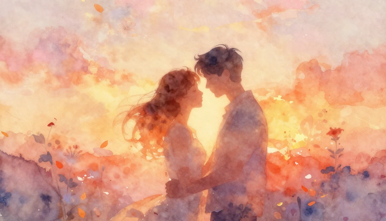 A soft watercolor painting depicting two abstract silhouette...
