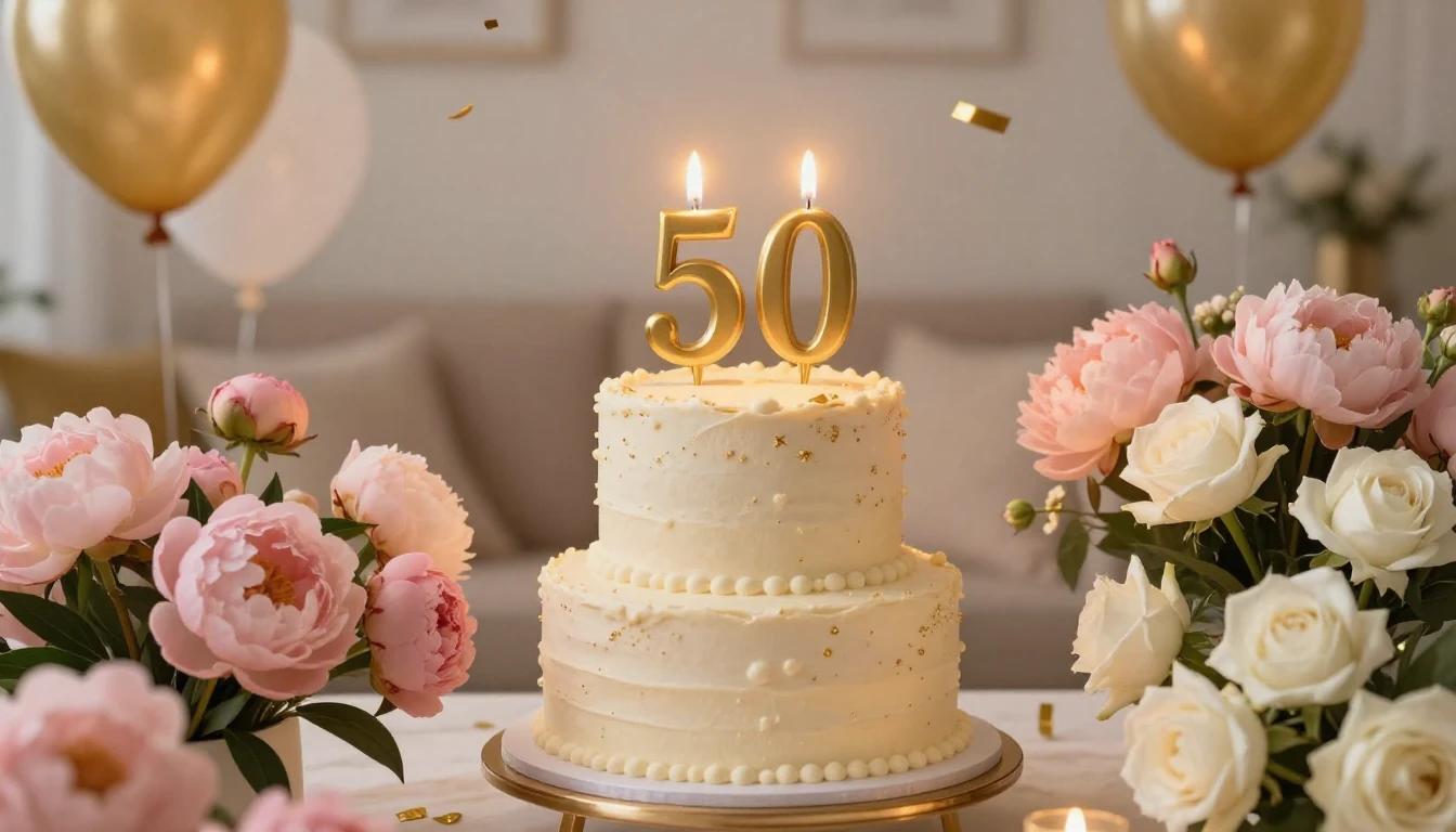 A warm and elegant birthday celebration scene for a 50th bir...