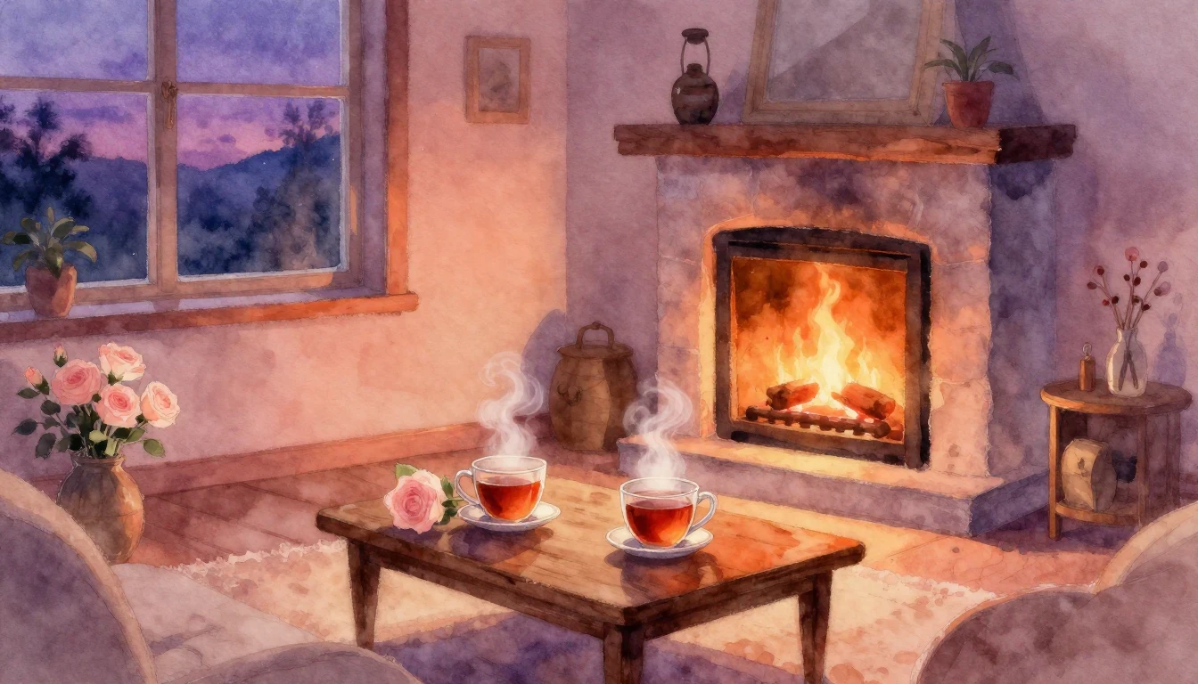 A soft watercolor painting of a cozy living room at dusk. A ...