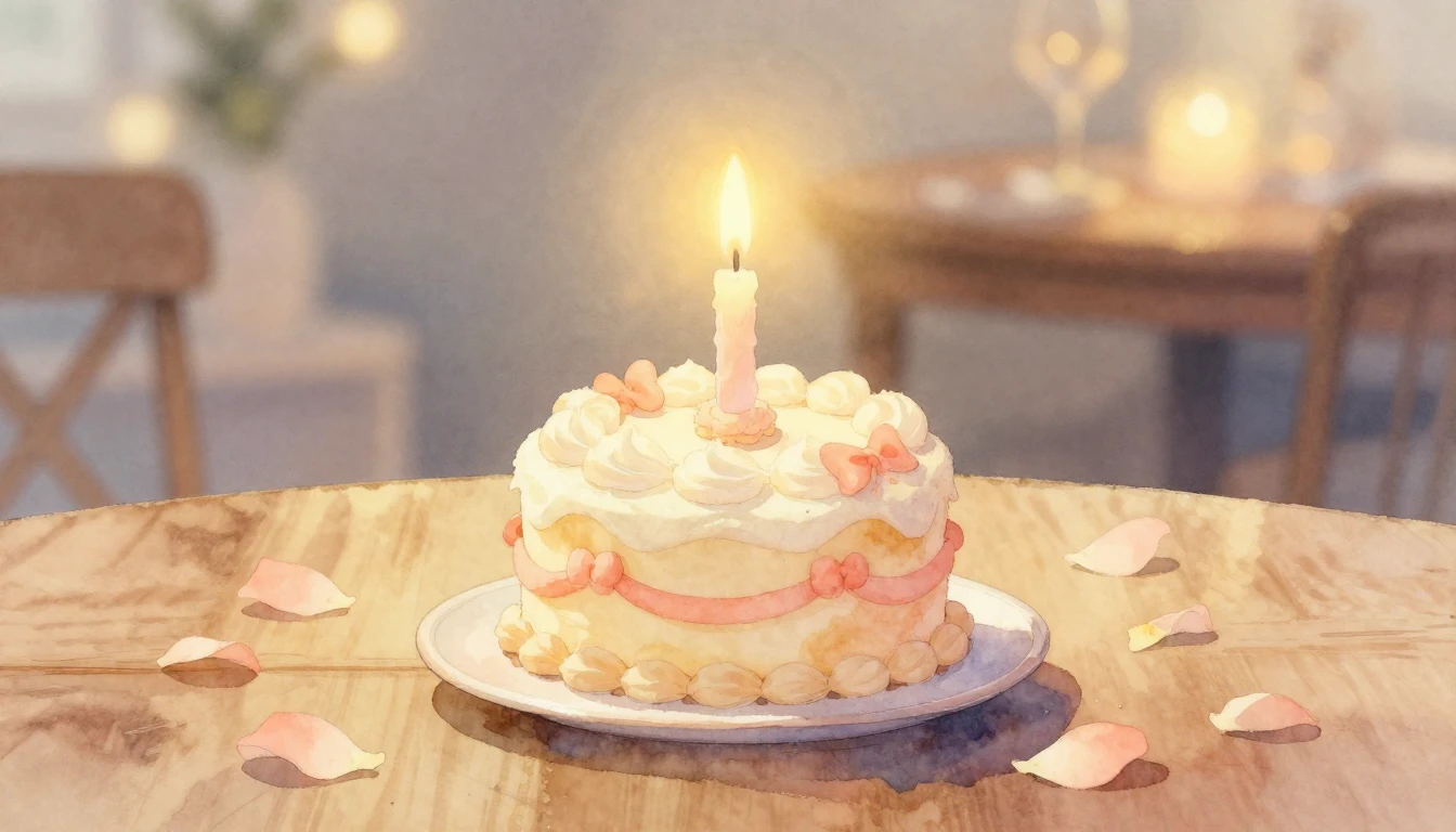 A soft watercolor painting of a single glowing candle on a s...