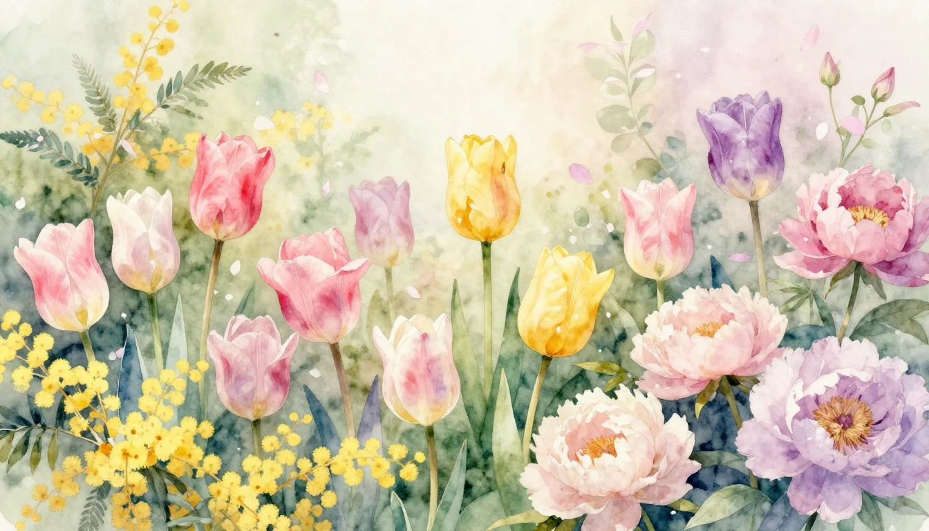 A beautiful watercolor painting of a lush spring garden fill...