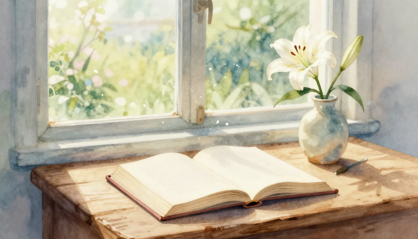 A soft watercolor illustration of an open book resting on a ...