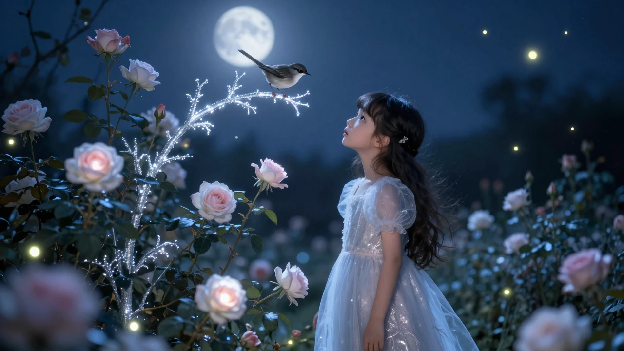A magical fairytale garden at twilight, glowing mystical flo...
