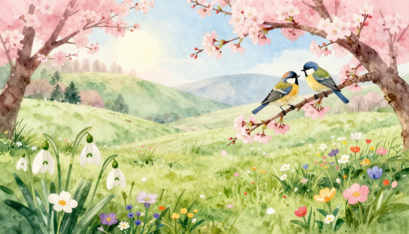 A beautiful watercolor painting of a lush spring meadow. In ...