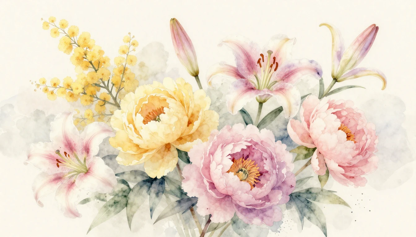 A beautiful and delicate watercolor painting of various bloo...