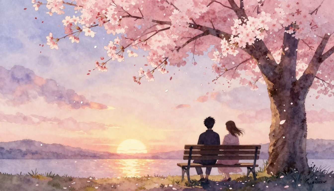 A dreamlike watercolor painting of two silhouettes sitting o...