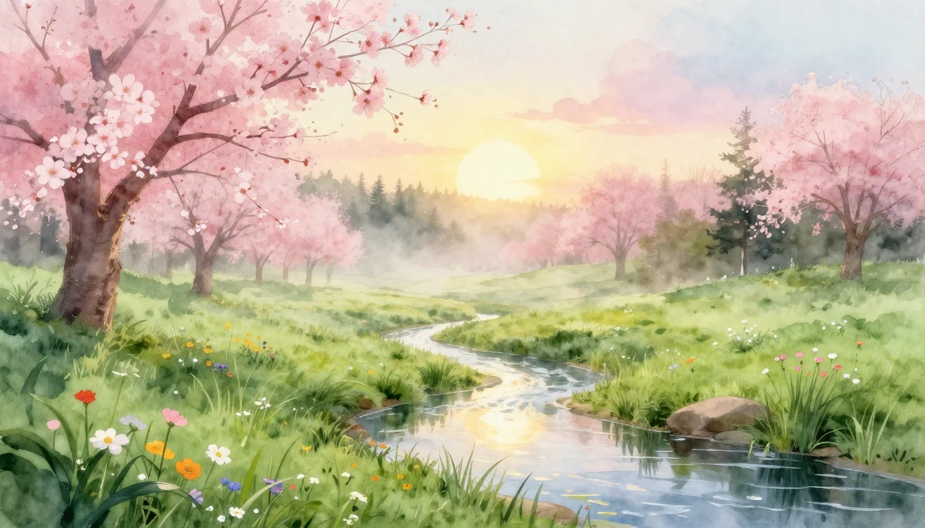 A breathtaking watercolor painting of a lush green meadow at...