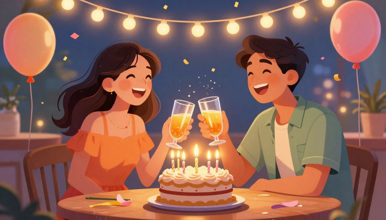 A joyful and vibrant digital illustration celebrating a birt...