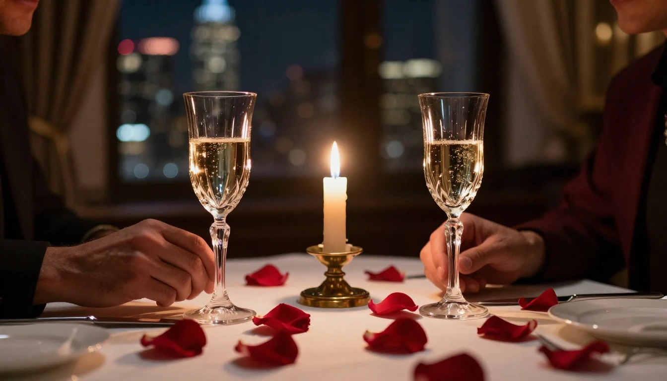 A close-up of a beautifully set dinner table for two in a di...