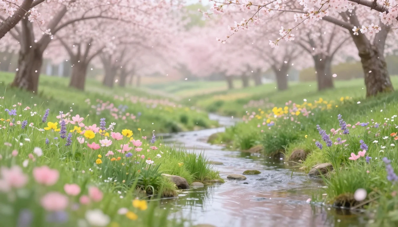 A serene spring landscape featuring a lush green meadow fill...