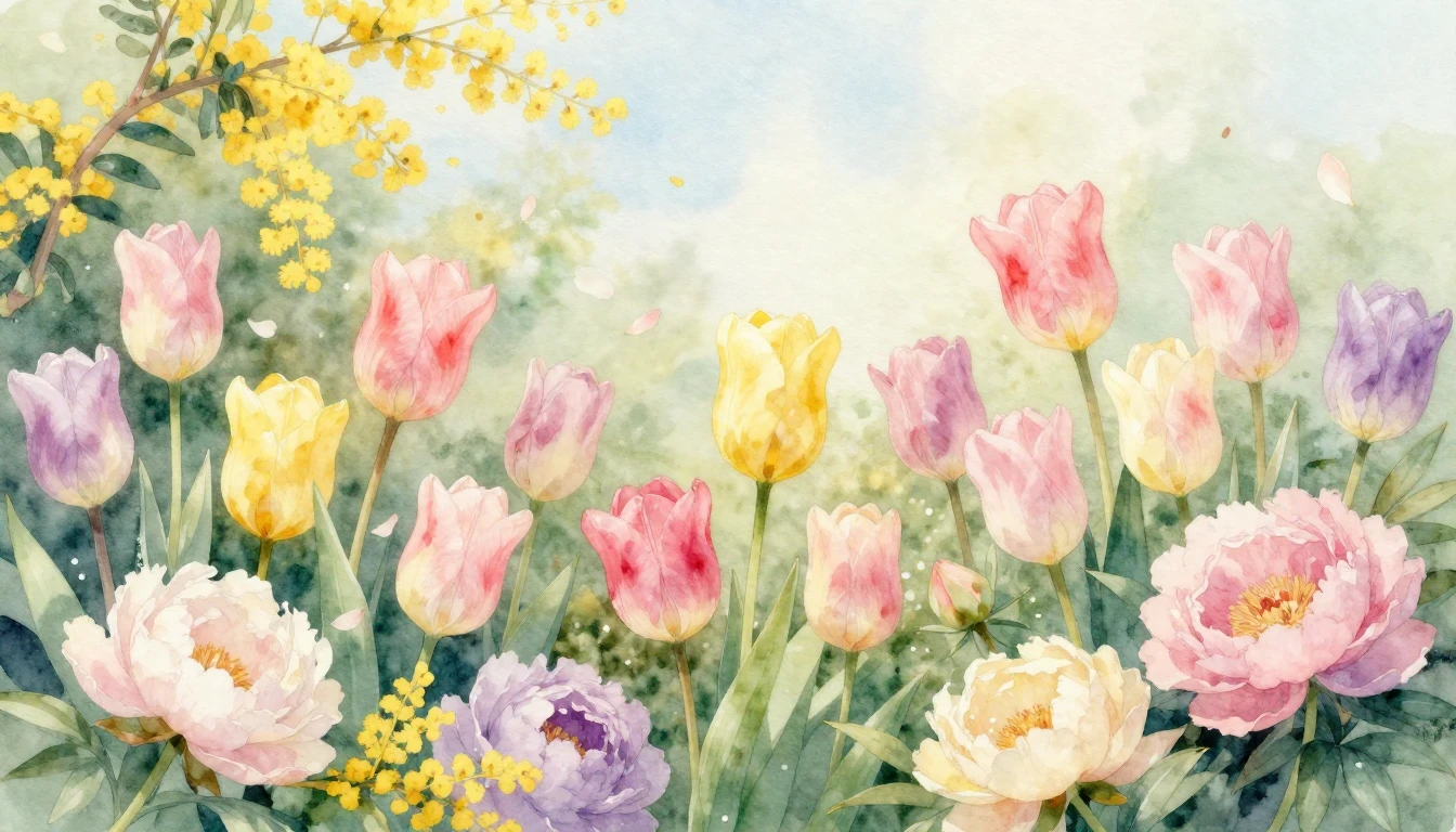A beautiful watercolor painting of a lush spring garden fill...