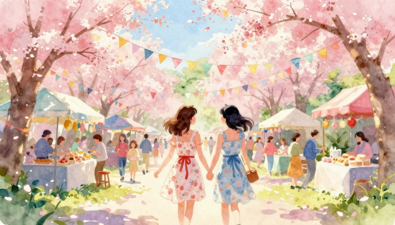 A vibrant and dreamy watercolor painting depicting a lively ...