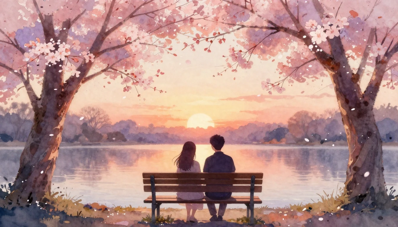 A dreamy watercolor painting of two silhouettes sitting clos...