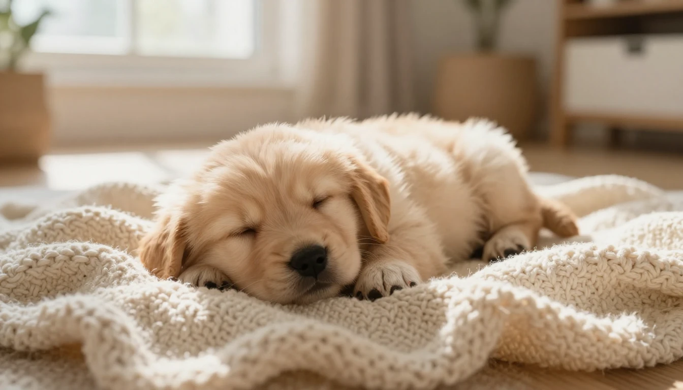 A close-up shot of a tiny, fluffy golden retriever puppy sle...