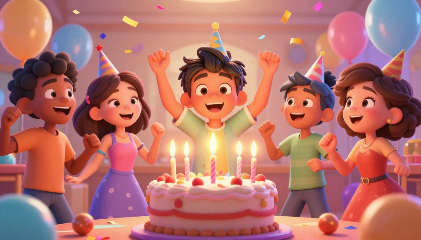 A vibrant and cheerful birthday party scene in a 3D animatio...
