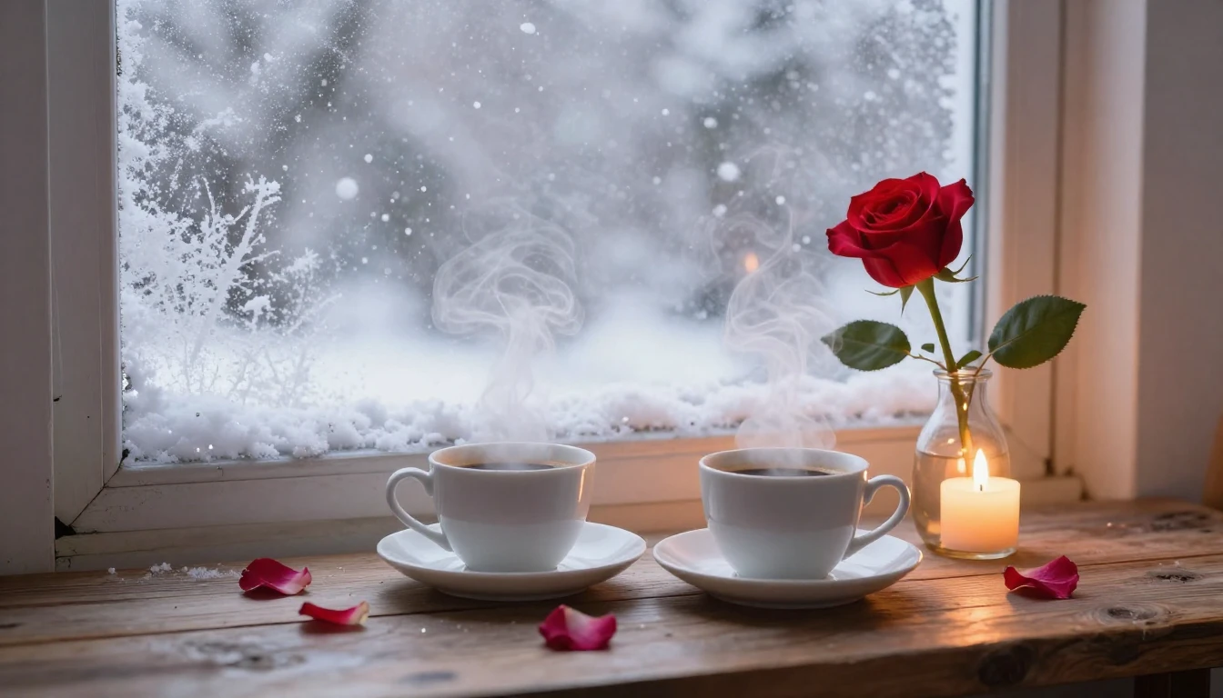 A romantic and cozy scene next to a frosted window with a vi...