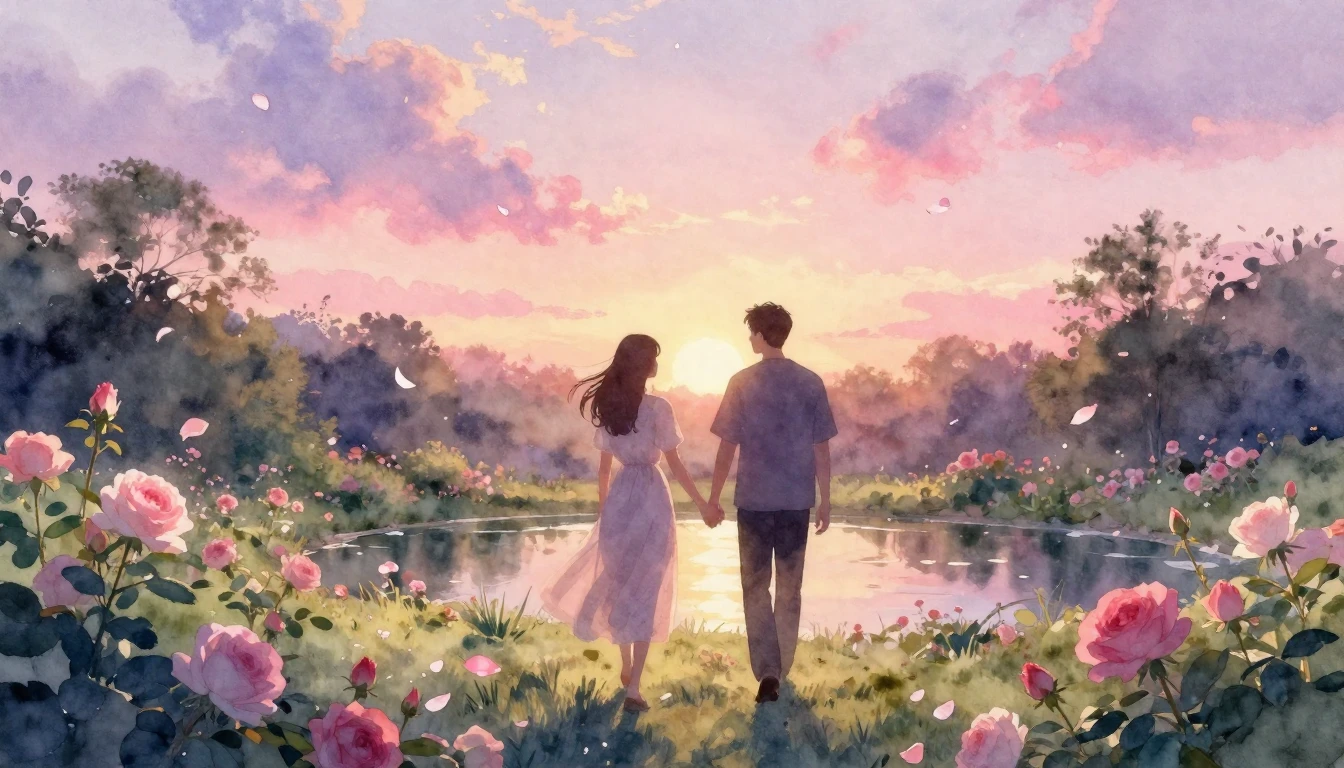 A dreamlike watercolor painting of two silhouettes walking h...