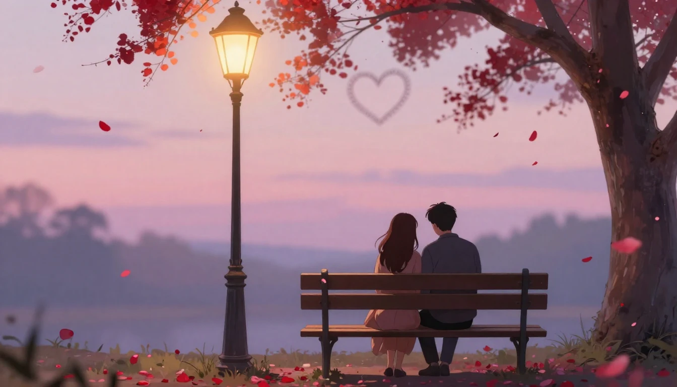 A romantic and soft composition depicting a couple sitting o...