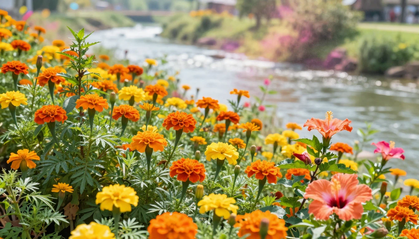 A lush landscape filled with blooming marigolds and hibiscus...
