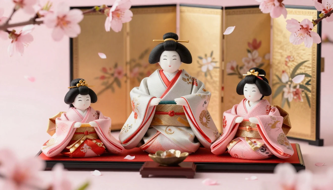 A beautiful arrangement of traditional Japanese Hina dolls, ...