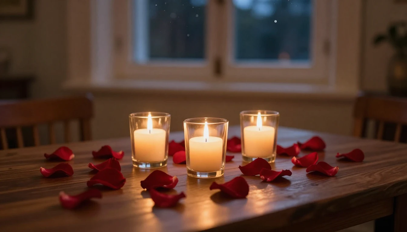 A cozy, intimate indoor setting during twilight. A wooden ta...