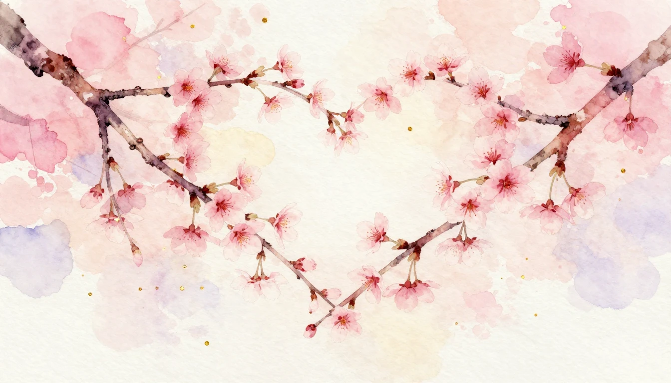 A delicate watercolor painting of two intertwined cherry blo...