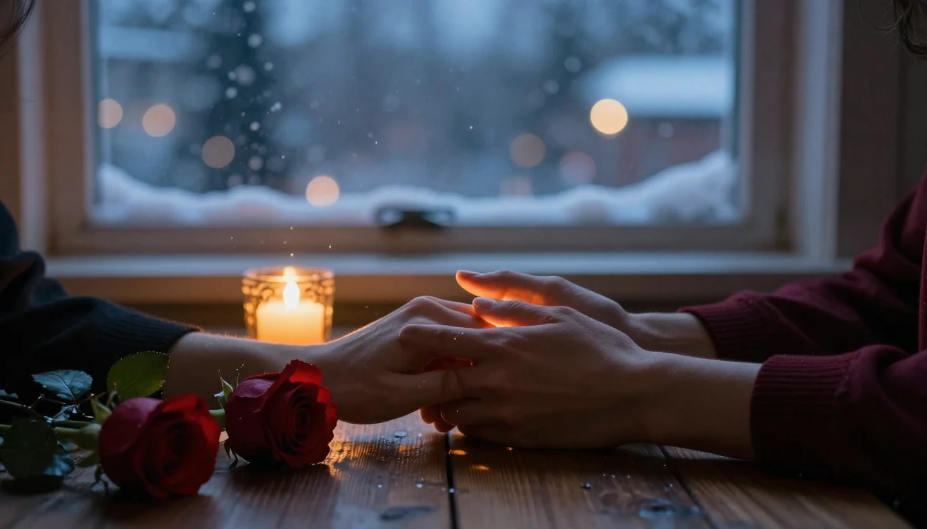 A romantic close-up scene at twilight. Two hands holding eac...