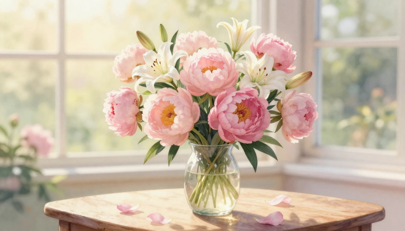 A delicate watercolor painting of a lush bouquet of pink peo...