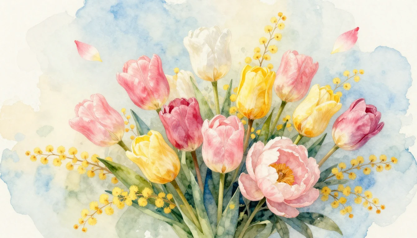 A beautiful watercolor painting of a lush spring bouquet fea...