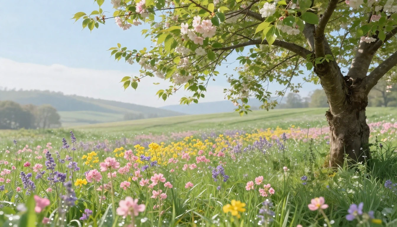 A lush meadow filled with blooming wildflowers in soft paste...