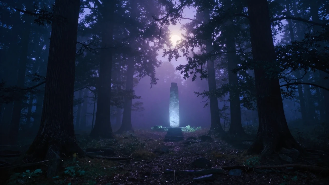 A wide-angle cinematic shot of a dense, misty forest at twil...