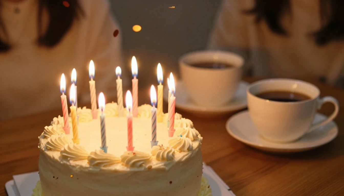 A warm and inviting birthday scene, a delicious cake with co...