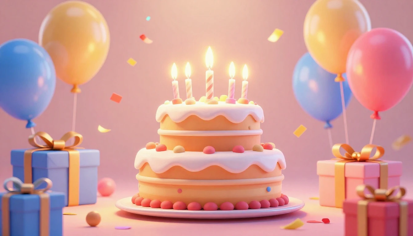 A festive and vibrant 3D animated scene celebrating a birthd...