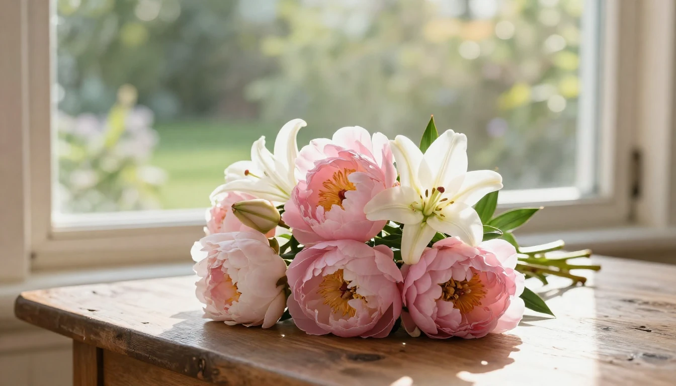 A beautiful bouquet of soft pink peonies and white lilies re...