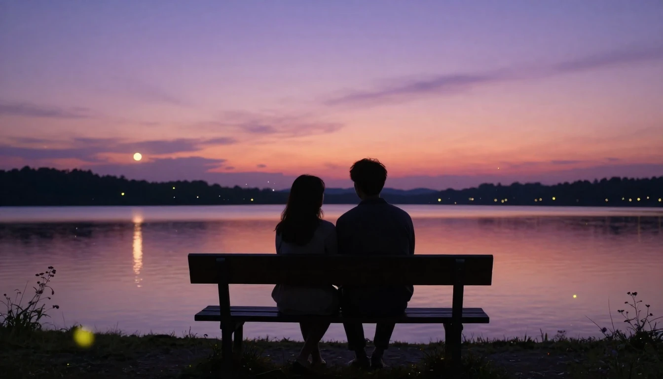 A romantic and atmospheric scene depicting two silhouettes s...